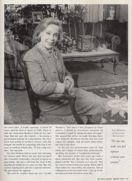 Dr. Joyce Brothers in her living room in Fort Lee, New Jersey Inside photo for March 1993 issue of Hudson Valley Magazine